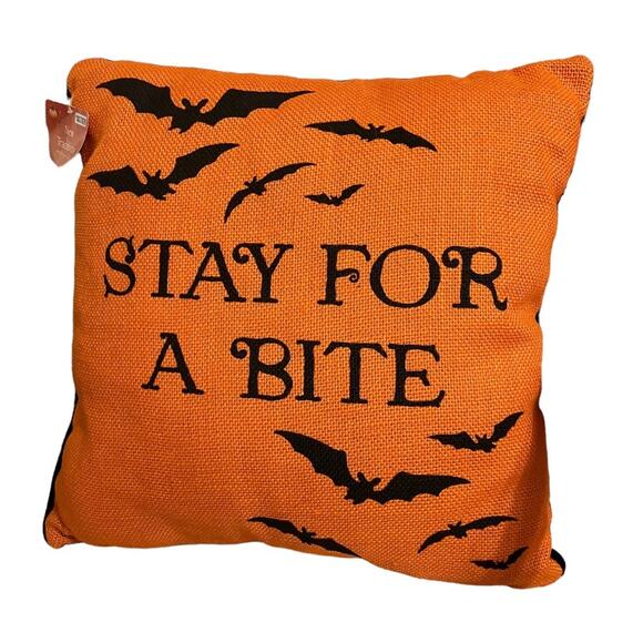NWT Halloween Stay For A Bite Orange Bats Decorative Accent Pillow 15x15 - Picture 1 of 6